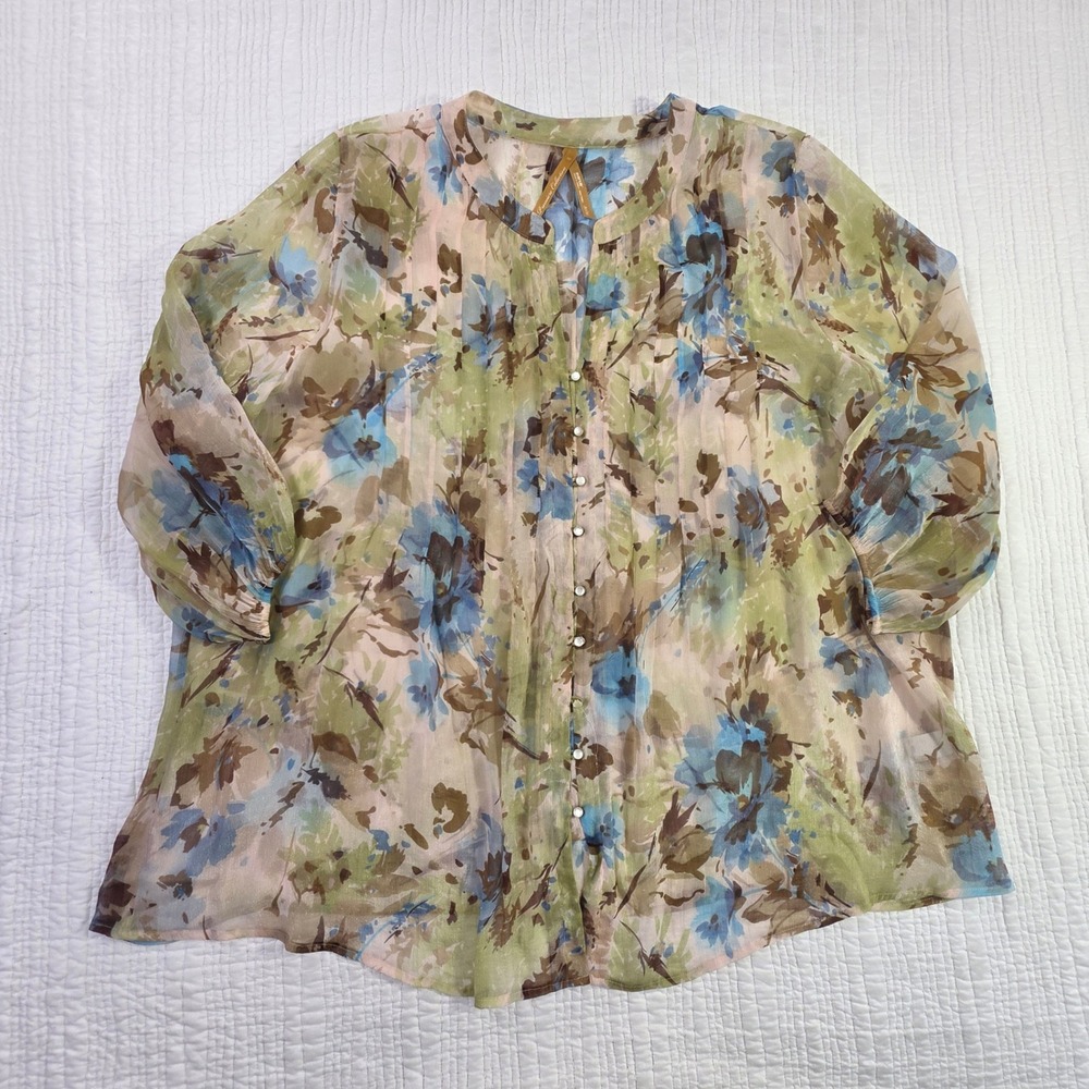 Avenue Premiere Collection Floral Chiffon Blouse Metallic Blue Green Plus 30/32